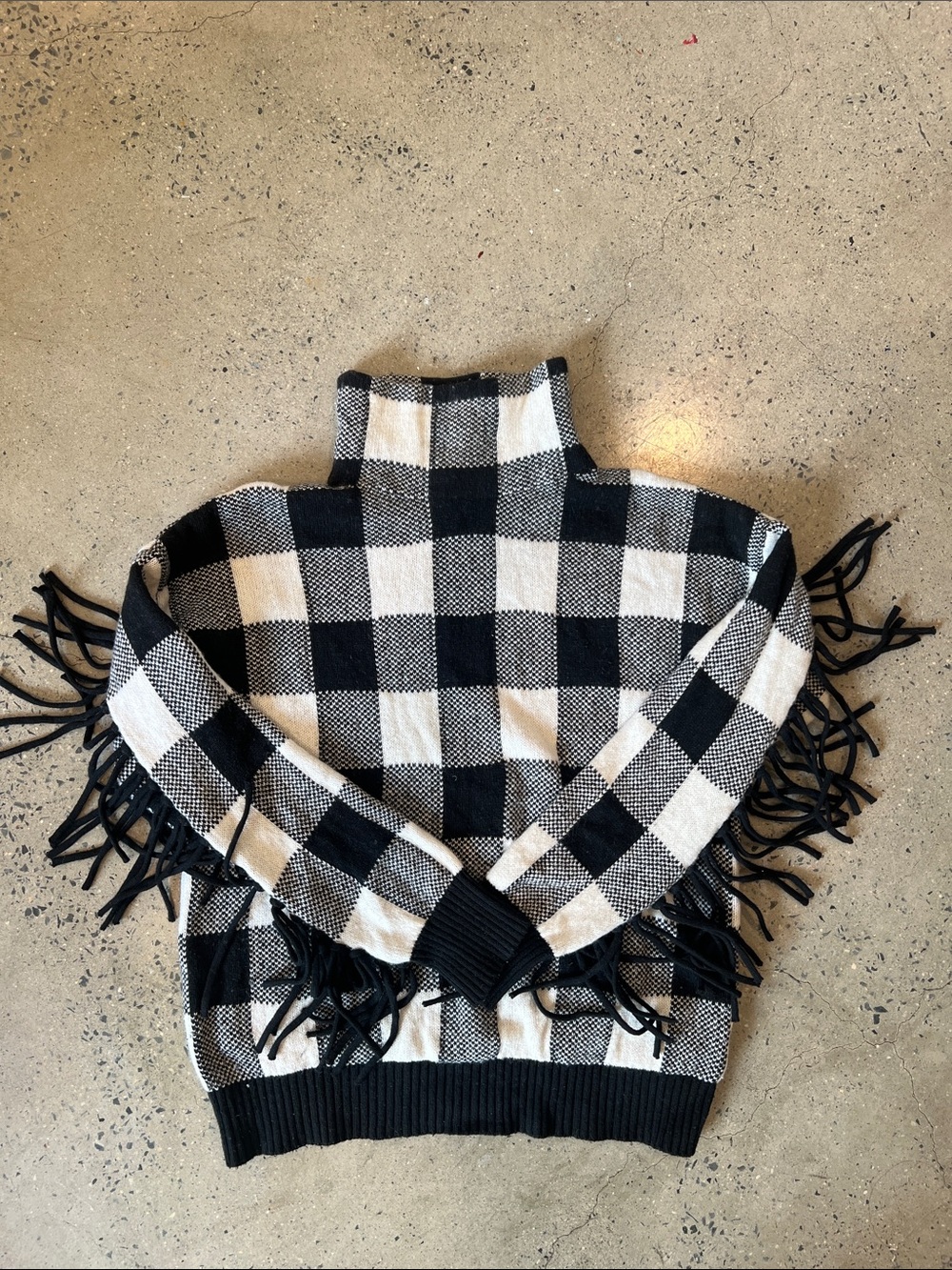Ralph Lauren Black and White Plaid Fringe Turtleneck Sweater